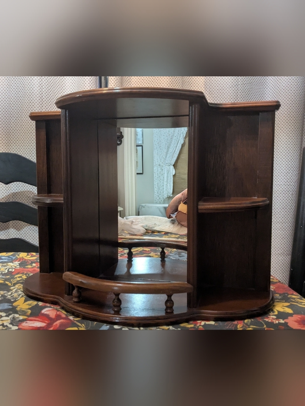 Vintage Wood Display Case Curio Cabinet W/Mirror & 4 Shelves Wall Mount Or Table